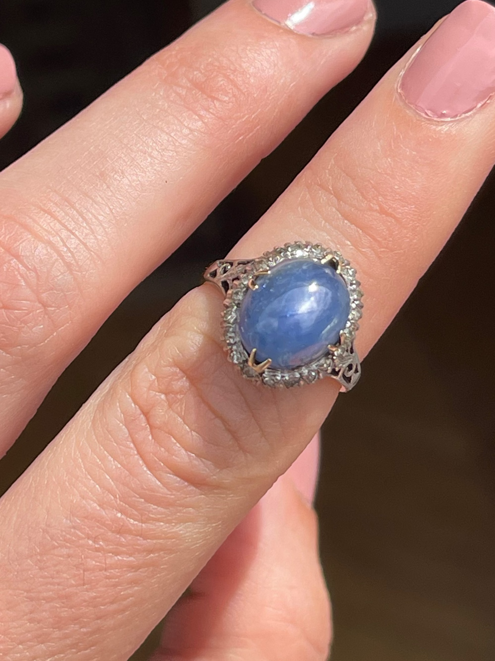 Blue star sapphire ring with diamond halo on hand, art deco star sapphire, antique blue sapphire ring 