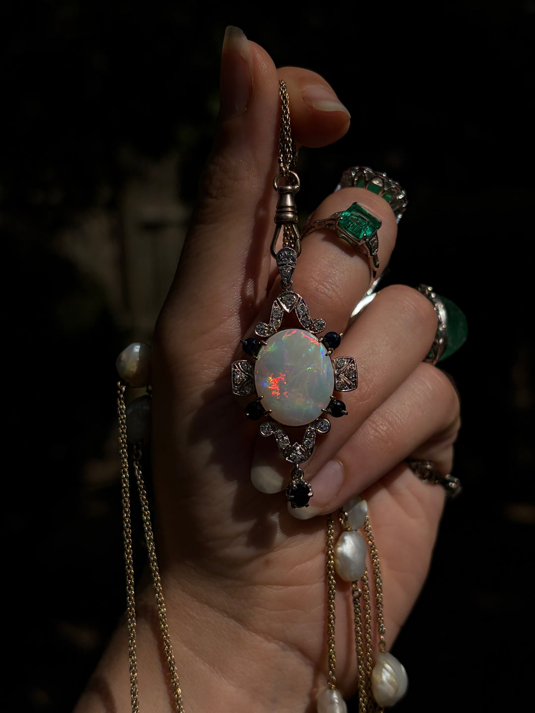 English Opal Sapphire & Diamond Pendant| Post-Deco | 14ct White & Yellow Gold | c.1930s