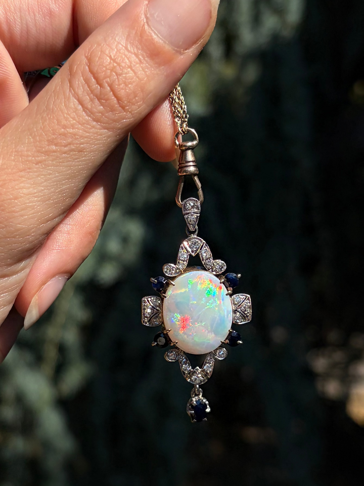 English Opal Sapphire & Diamond Pendant| Post-Deco | 14ct White & Yellow Gold | c.1930s