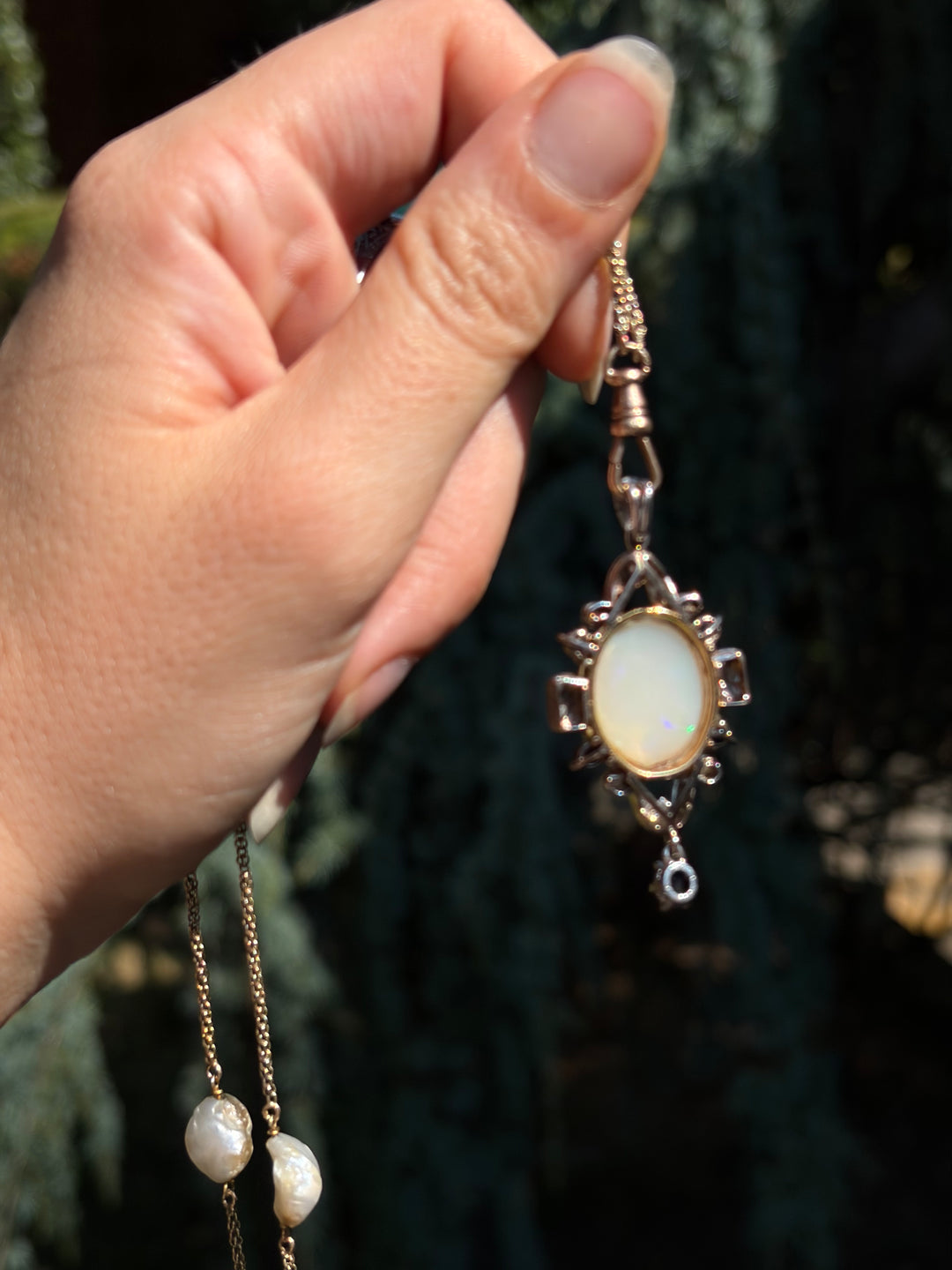 English Opal Sapphire & Diamond Pendant| Post-Deco | 14ct White & Yellow Gold | c.1930s