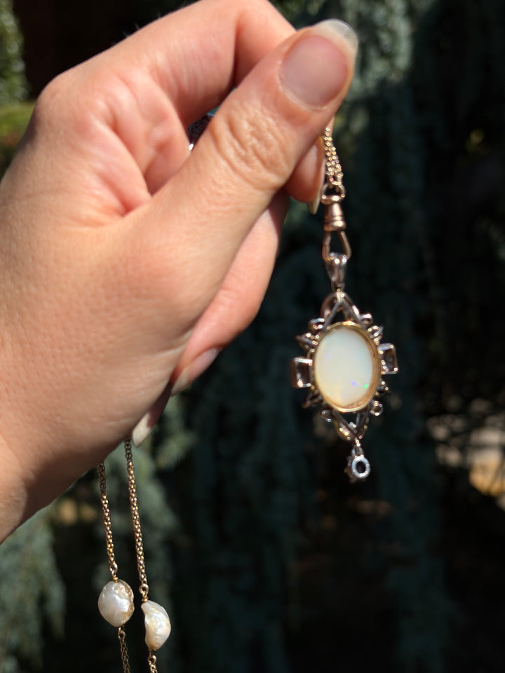 English Opal Sapphire & Diamond Pendant| Post-Deco | 14ct White & Yellow Gold | c.1930s