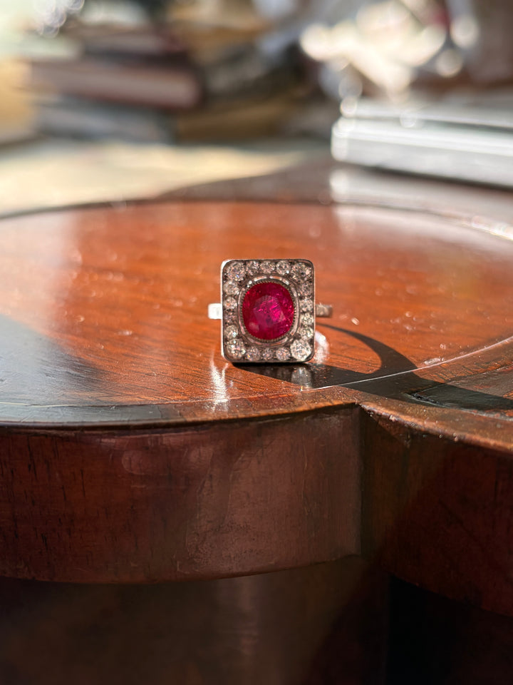 Art Deco Ruby & Diamond Plaque Ring | 2.08ct GemParis Certified Ruby | Platinum | Near Mint