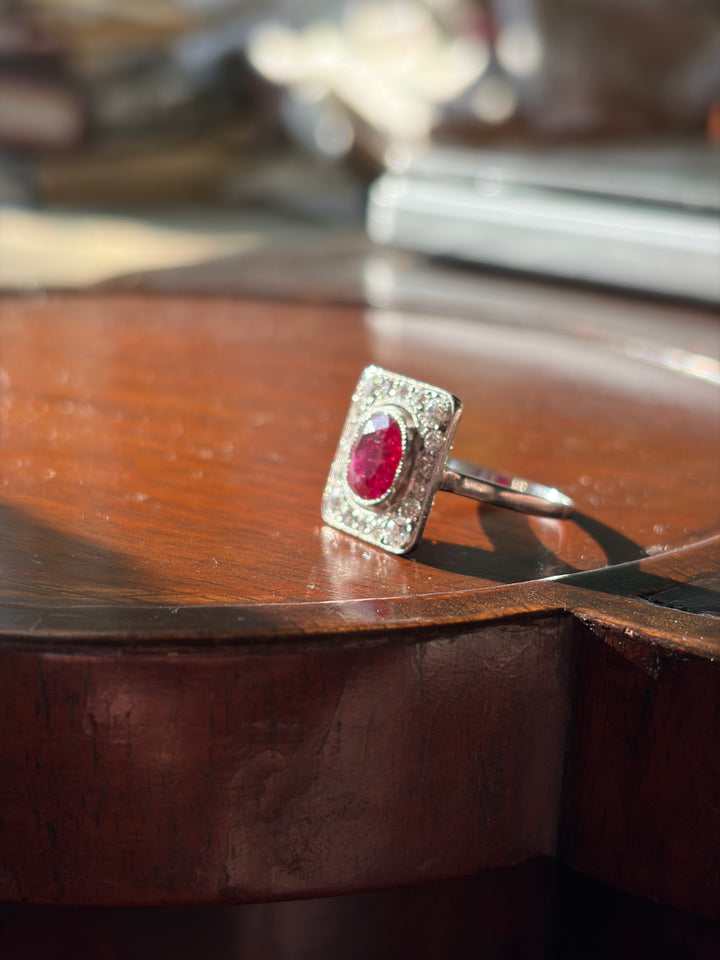 Art Deco Ruby & Diamond Plaque Ring | 2.08ct GemParis Certified Ruby | Platinum | Near Mint