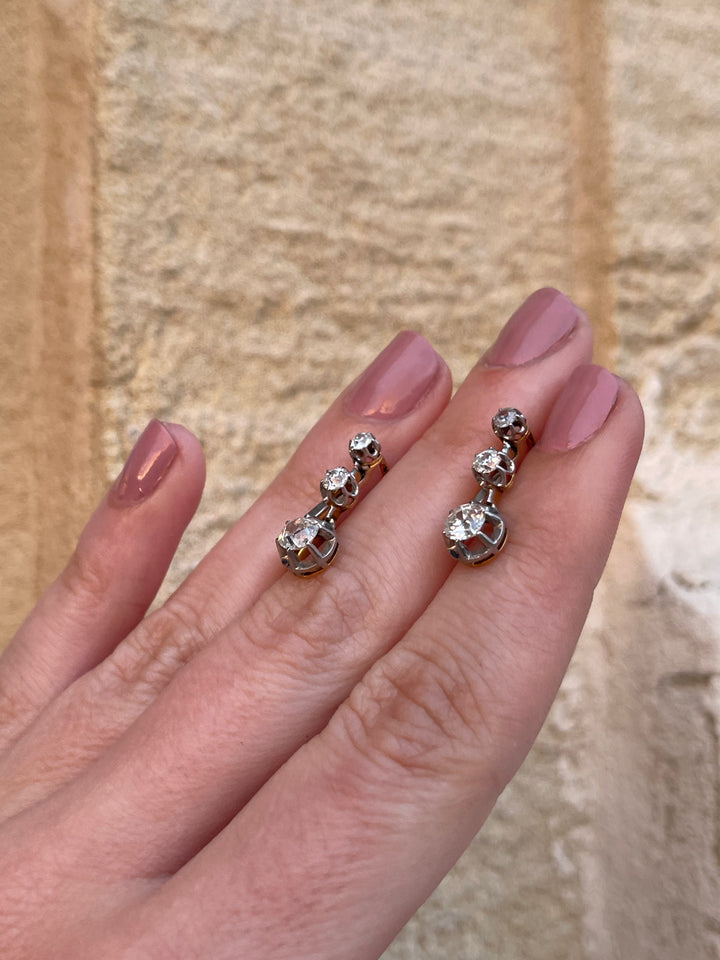 Belle Époque Platinum & 18ct Gold Triple Drop Earrings | 1ctw Old Mine Cut | French c.1890-1910