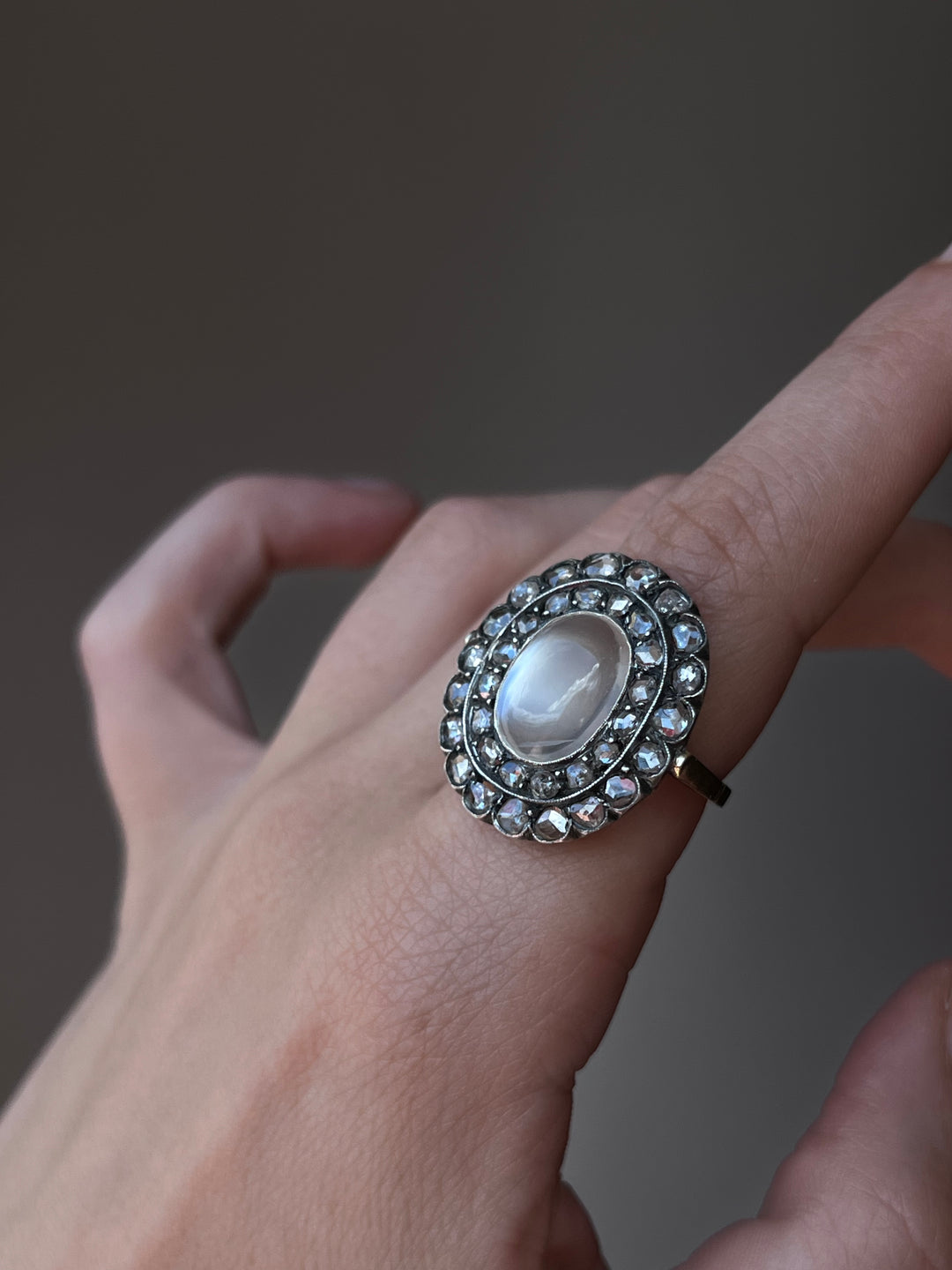 Moonstone & Rose Cut Diamond Ring | 15ct Pink Gold & Silver | Edwardian c.1900