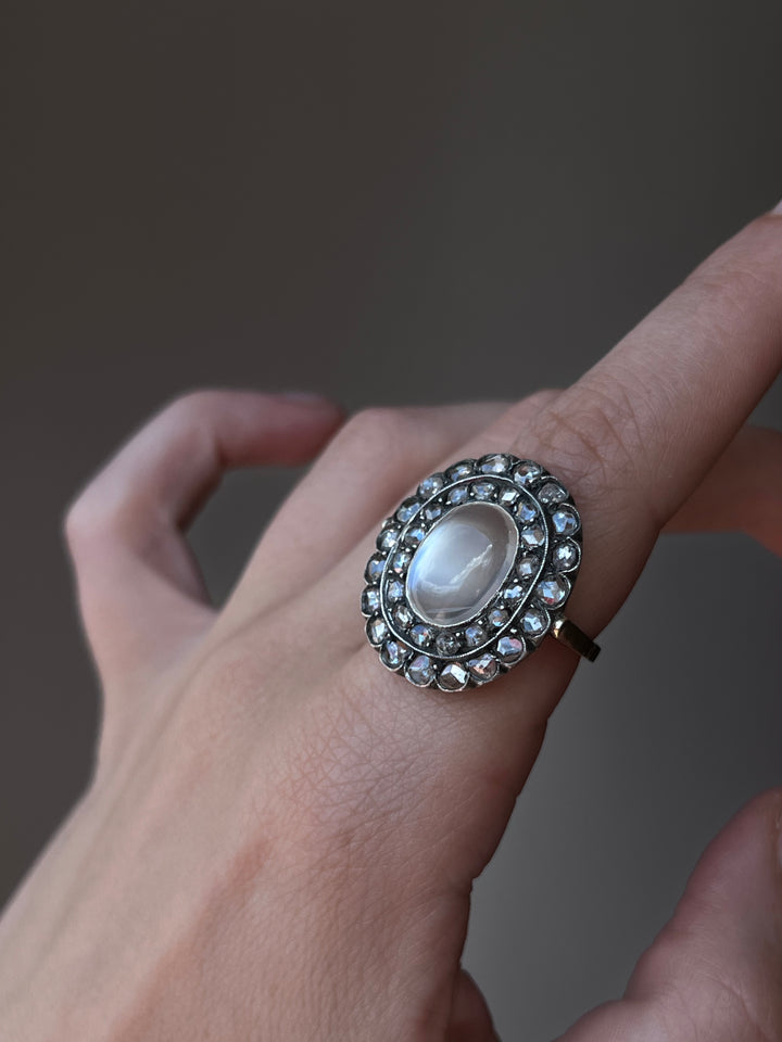Moonstone & Rose Cut Diamond Ring | 15ct Pink Gold & Silver | Edwardian c.1900