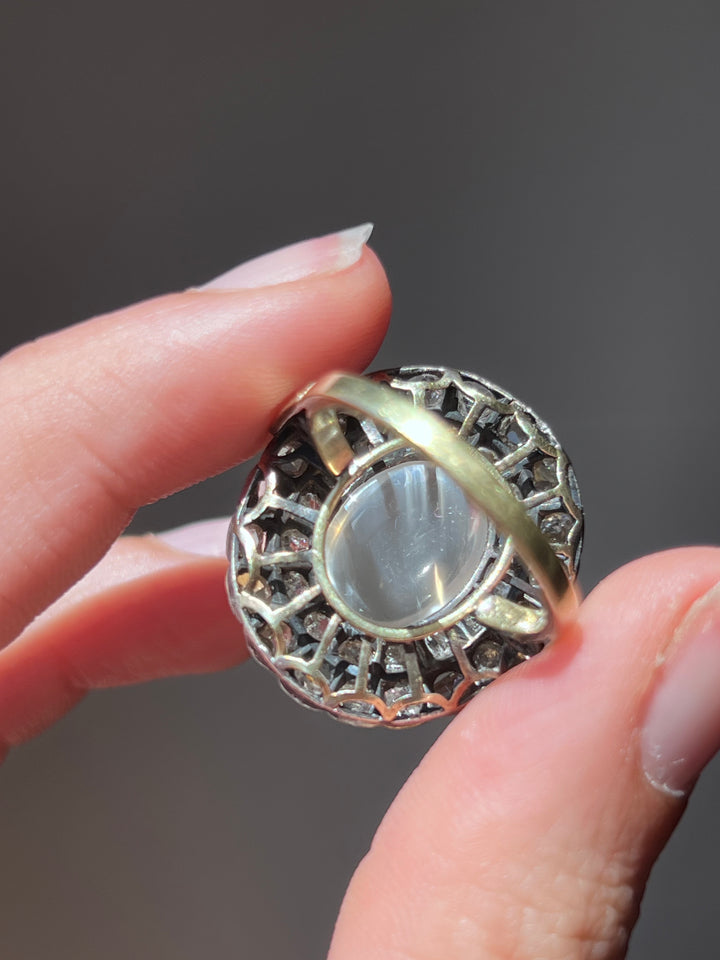 Moonstone & Rose Cut Diamond Ring | 15ct Pink Gold & Silver | Edwardian c.1900