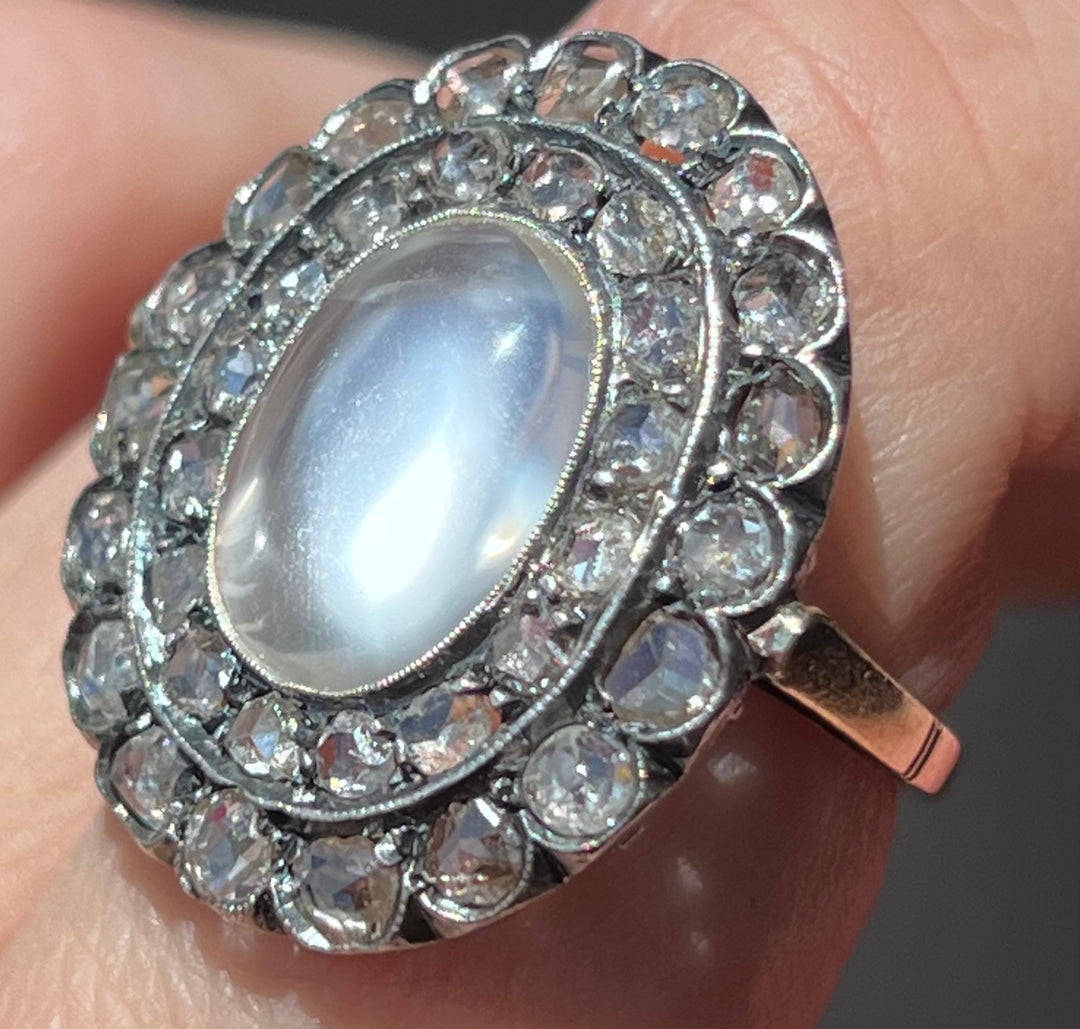 Moonstone & Rose Cut Diamond Ring | 15ct Pink Gold & Silver | Edwardian c.1900