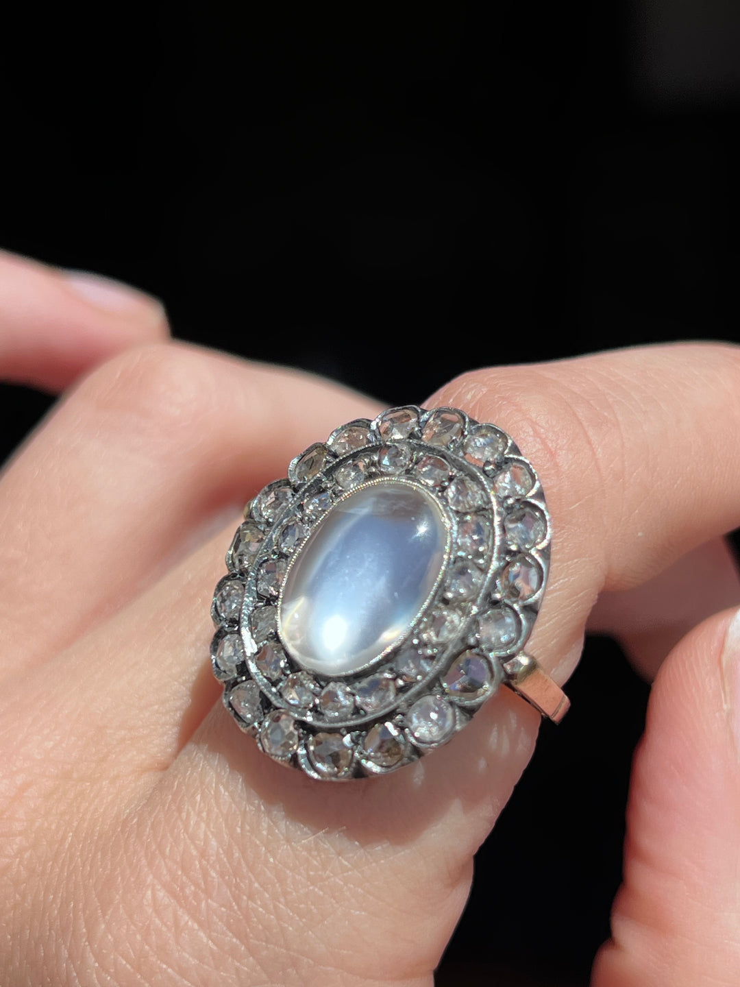 Moonstone & Rose Cut Diamond Ring | 15ct Pink Gold & Silver | Edwardian c.1900