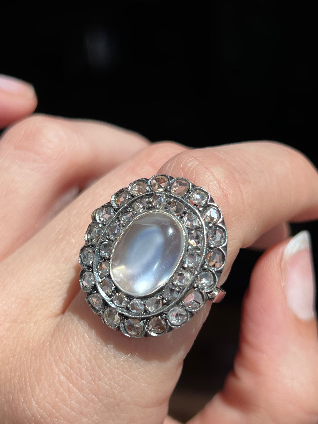 Moonstone & Rose Cut Diamond Ring | 15ct Pink Gold & Silver | Edwardian c.1900