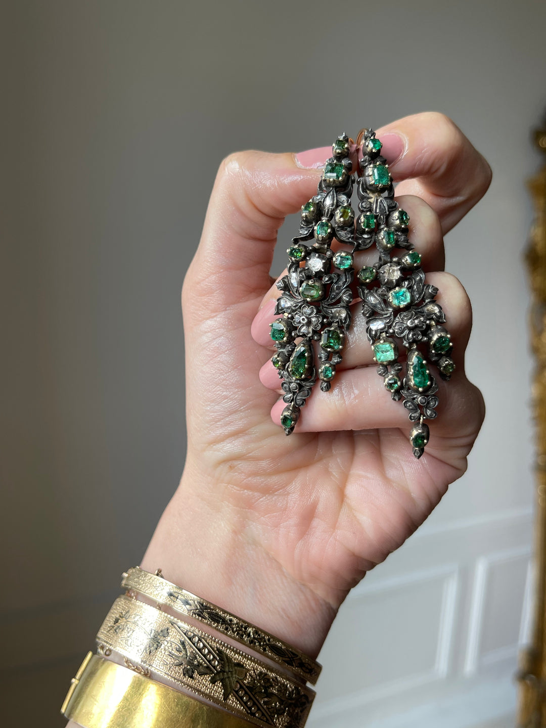 Iberian Emerald & Diamond Earrings | 4.26ct Emeralds 1.24ct Diamonds | 18ct Gold & Silver | c.Late 1700s