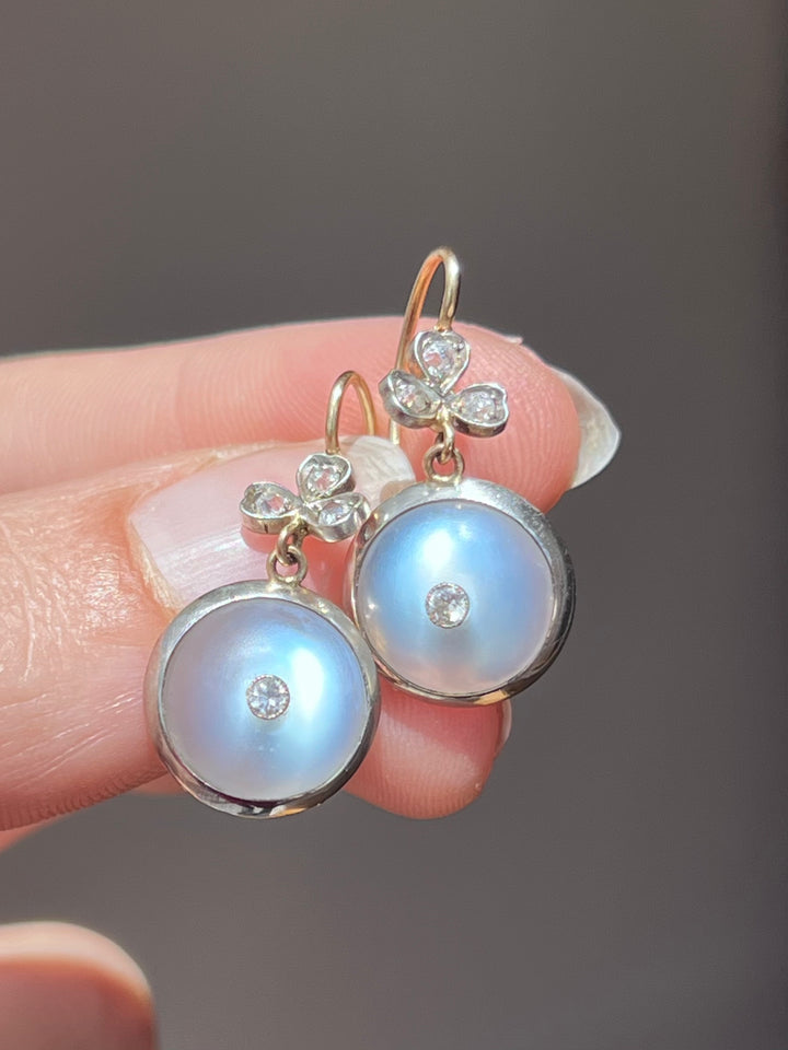 Moonstone & Diamond Earrings | Blue Schiller Cabochons | 15ct Gold & Platinum | Edwardian c.1915