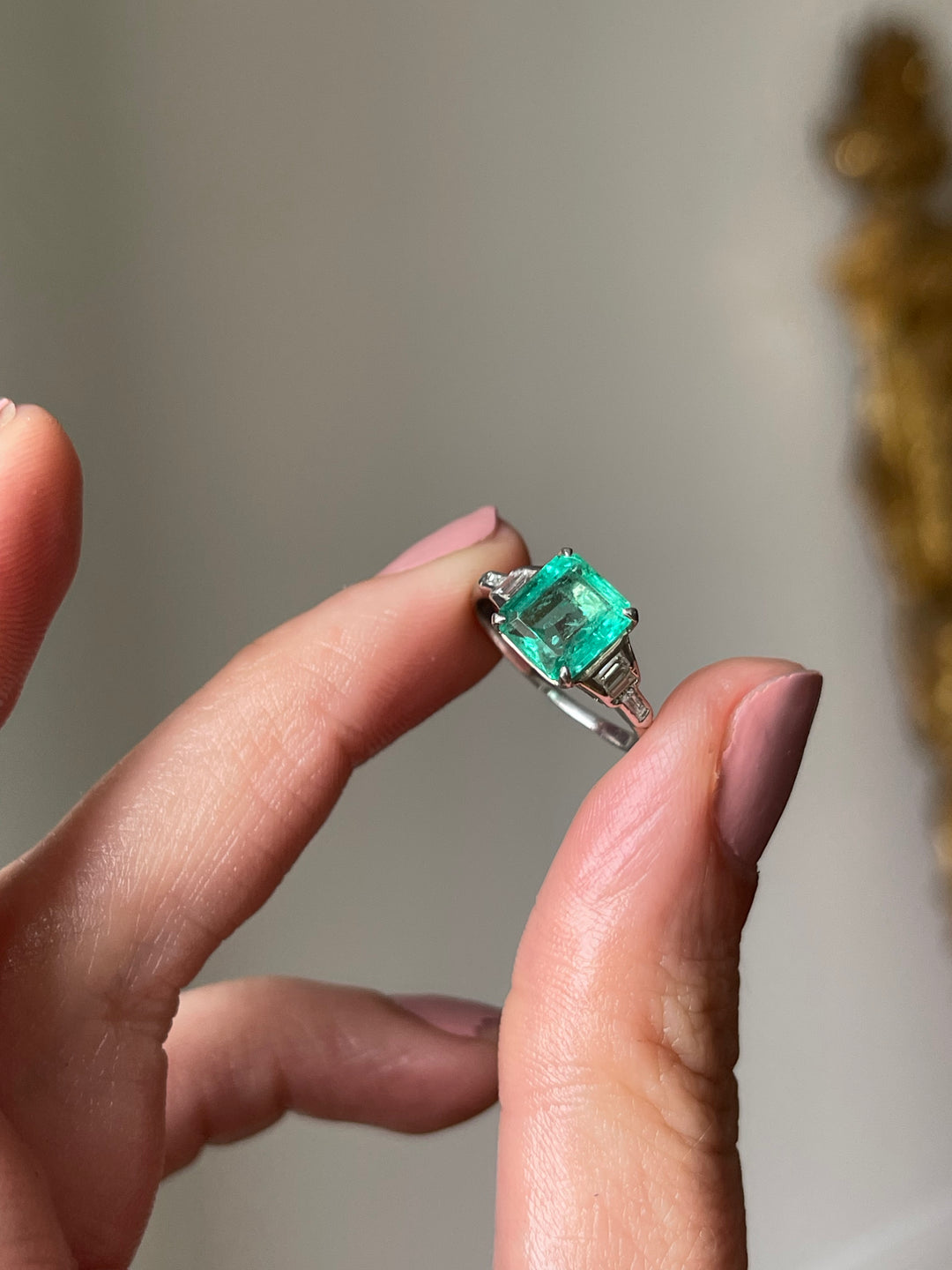 Emerald & Baguette Diamond Ring | 1.31ct | 14ct White Gold | Vintage c.1960s