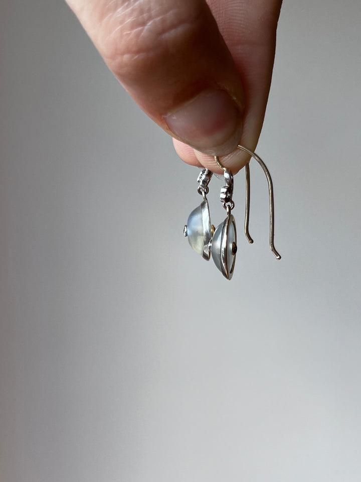 Moonstone & Diamond Earrings | Blue Schiller Cabochons | 15ct Gold & Platinum | Edwardian c.1915