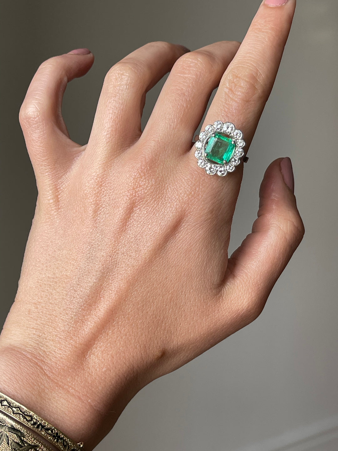 Emerald & Diamond Halo Ring | 2.34ct Emerald 1.14ct Halo | 14ct White Gold | c.1980s