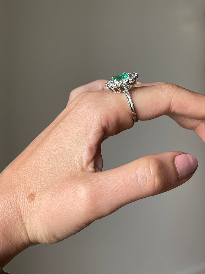 Emerald & Diamond Halo Ring | 2.34ct Emerald 1.14ct Halo | 14ct White Gold | c.1980s