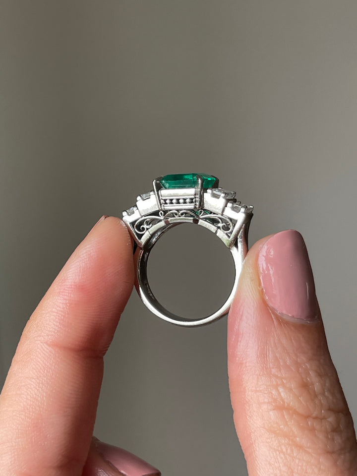 Platinum Emerald & Step Cut Diamond Ring | 4.21ctw | Solid Platinum PT900 | Vintage c.1980s