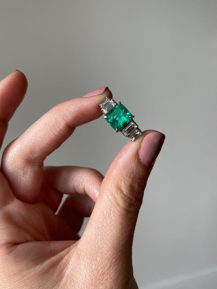 Platinum Emerald & Step Cut Diamond Ring | 4.21ctw | Solid Platinum PT900 | Vintage c.1980s