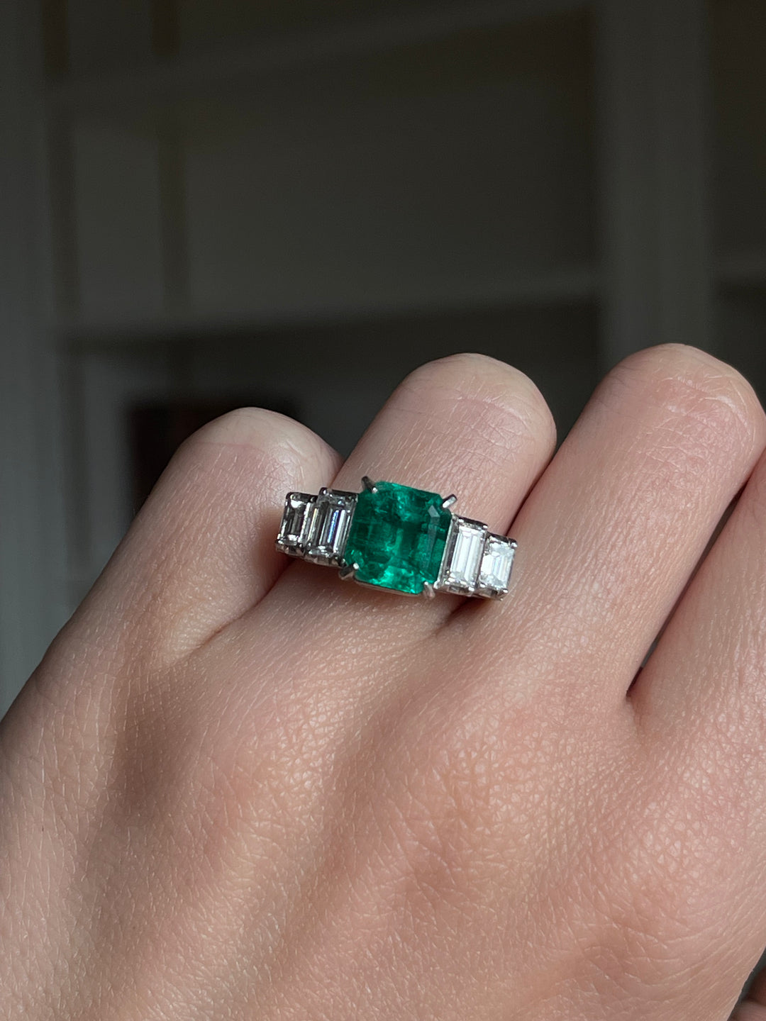 Platinum Emerald & Step Cut Diamond Ring | 4.21ctw | Solid Platinum PT900 | Vintage c.1980s
