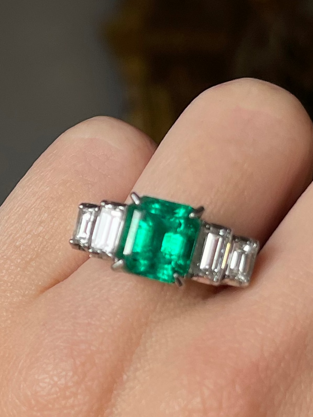 Platinum Emerald & Step Cut Diamond Ring | 4.21ctw | Solid Platinum PT900 | Vintage c.1980s