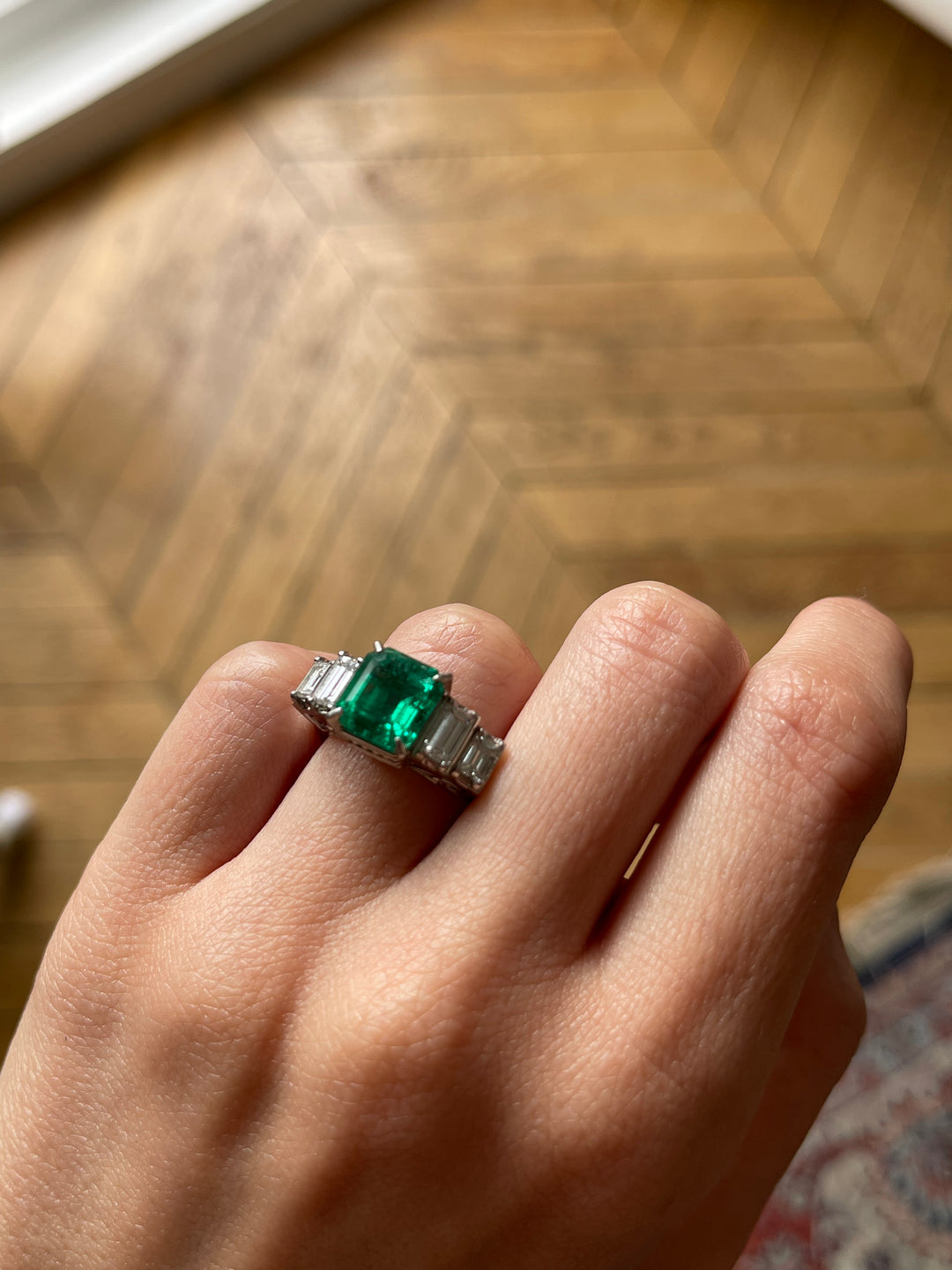 Platinum Emerald & Step Cut Diamond Ring | 4.21ctw | Solid Platinum PT900 | Vintage c.1980s