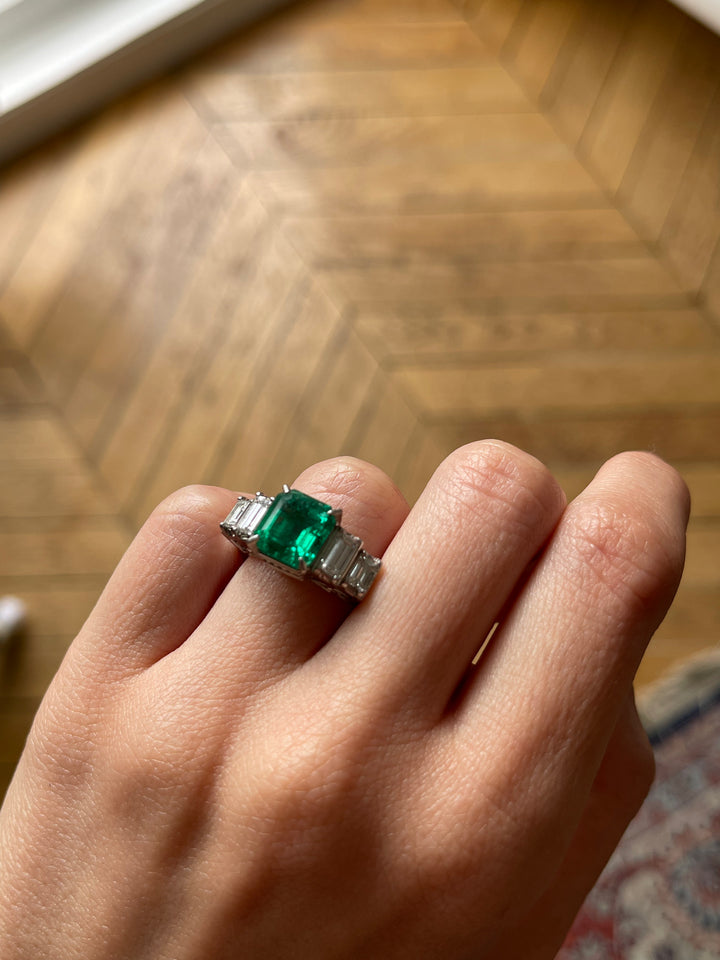 Platinum Emerald & Step Cut Diamond Ring | 4.21ctw | Solid Platinum PT900 | Vintage c.1980s