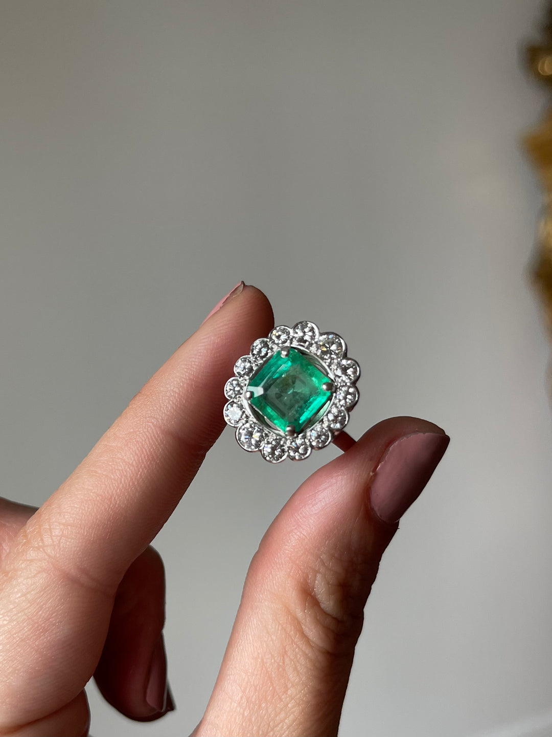 Emerald & Diamond Halo Ring | 2.34ct Emerald 1.14ct Halo | 14ct White Gold | c.1980s