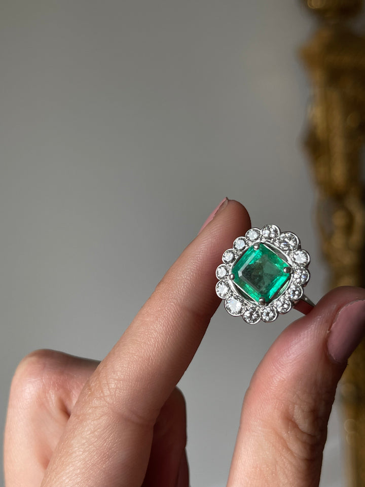 Emerald & Diamond Halo Ring | 2.34ct Emerald 1.14ct Halo | 14ct White Gold | c.1980s