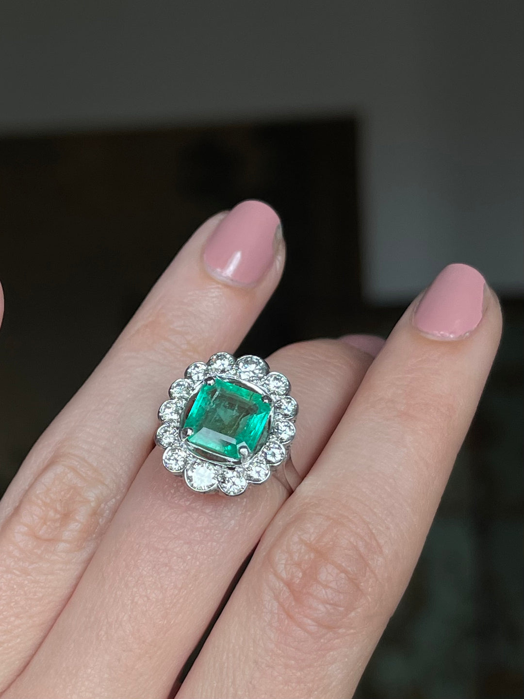 Emerald & Diamond Halo Ring | 2.34ct Emerald 1.14ct Halo | 14ct White Gold | c.1980s