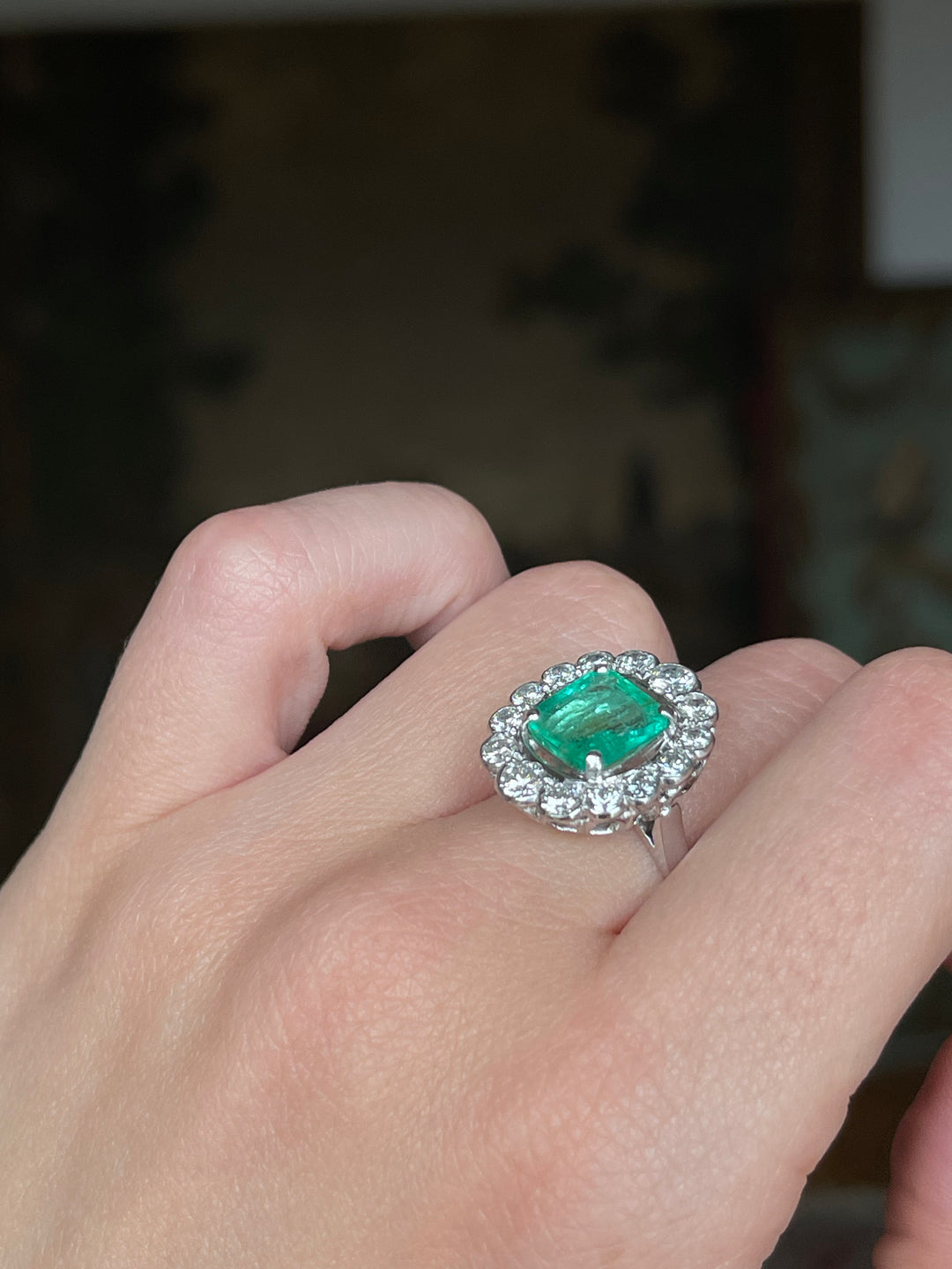 Emerald & Diamond Halo Ring | 2.34ct Emerald 1.14ct Halo | 14ct White Gold | c.1980s