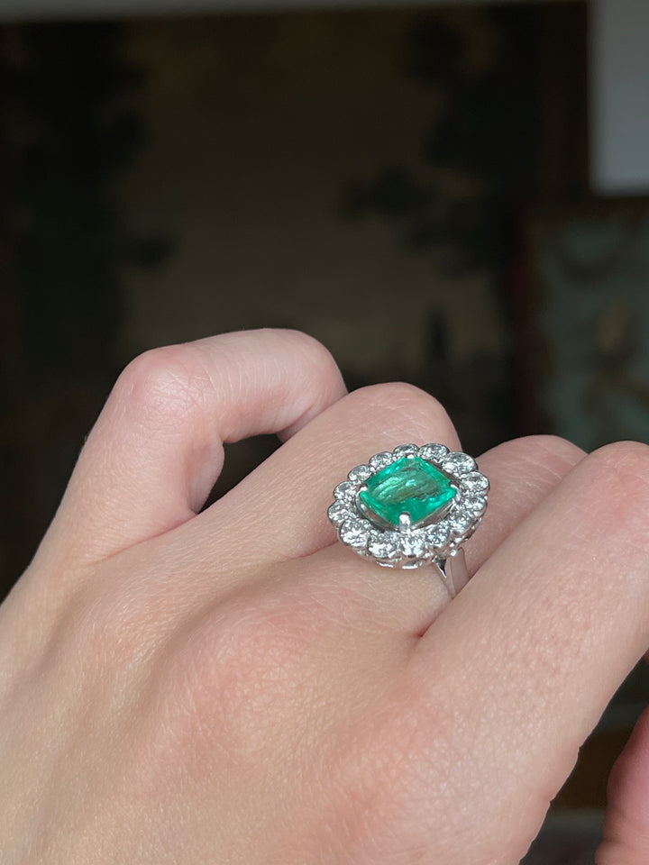 Emerald & Diamond Halo Ring | 2.34ct Emerald 1.14ct Halo | 14ct White Gold | c.1980s