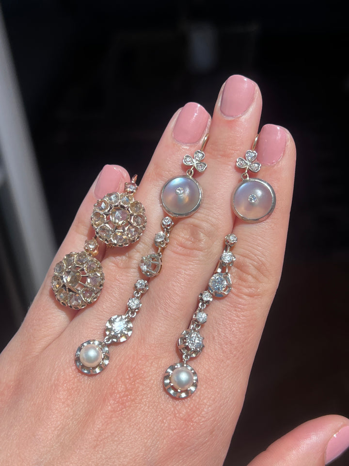 Belle Époque Platinum & 18ct Gold Triple Drop Earrings | 1ctw Old Mine Cut | French c.1890-1910