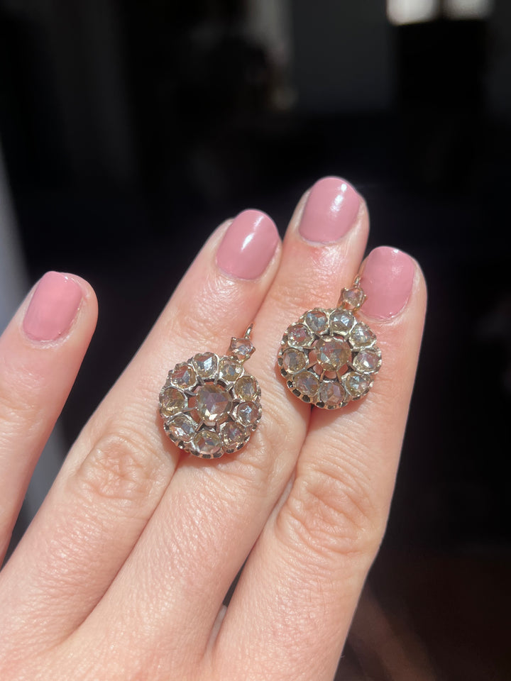 Rose Cut Diamond Daisy Earrings | 2.75ctw+ | 18ct Gold | Louis Philippe French c.1840-1850
