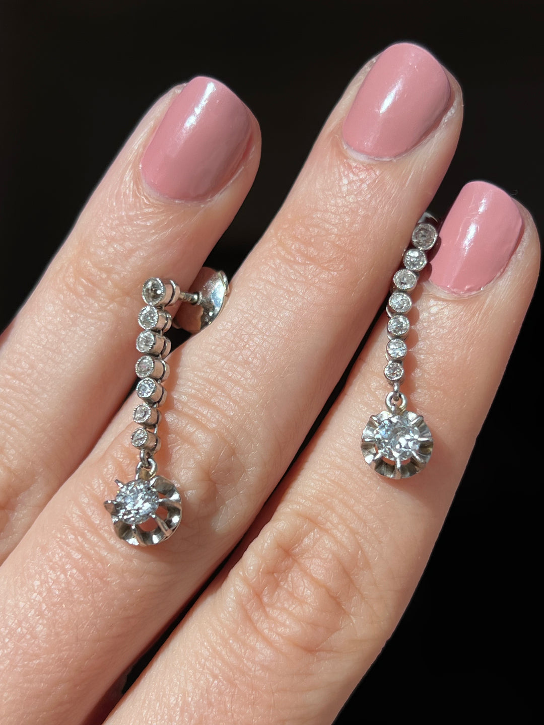 18ct White Gold Rose Cut & Diamond Drop Earrings | ~1ctw | ALPA Backs | French c.1980s