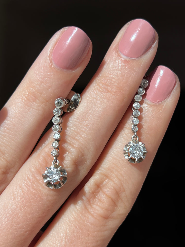 18ct White Gold Rose Cut & Diamond Drop Earrings | ~1ctw | ALPA Backs | French c.1980s