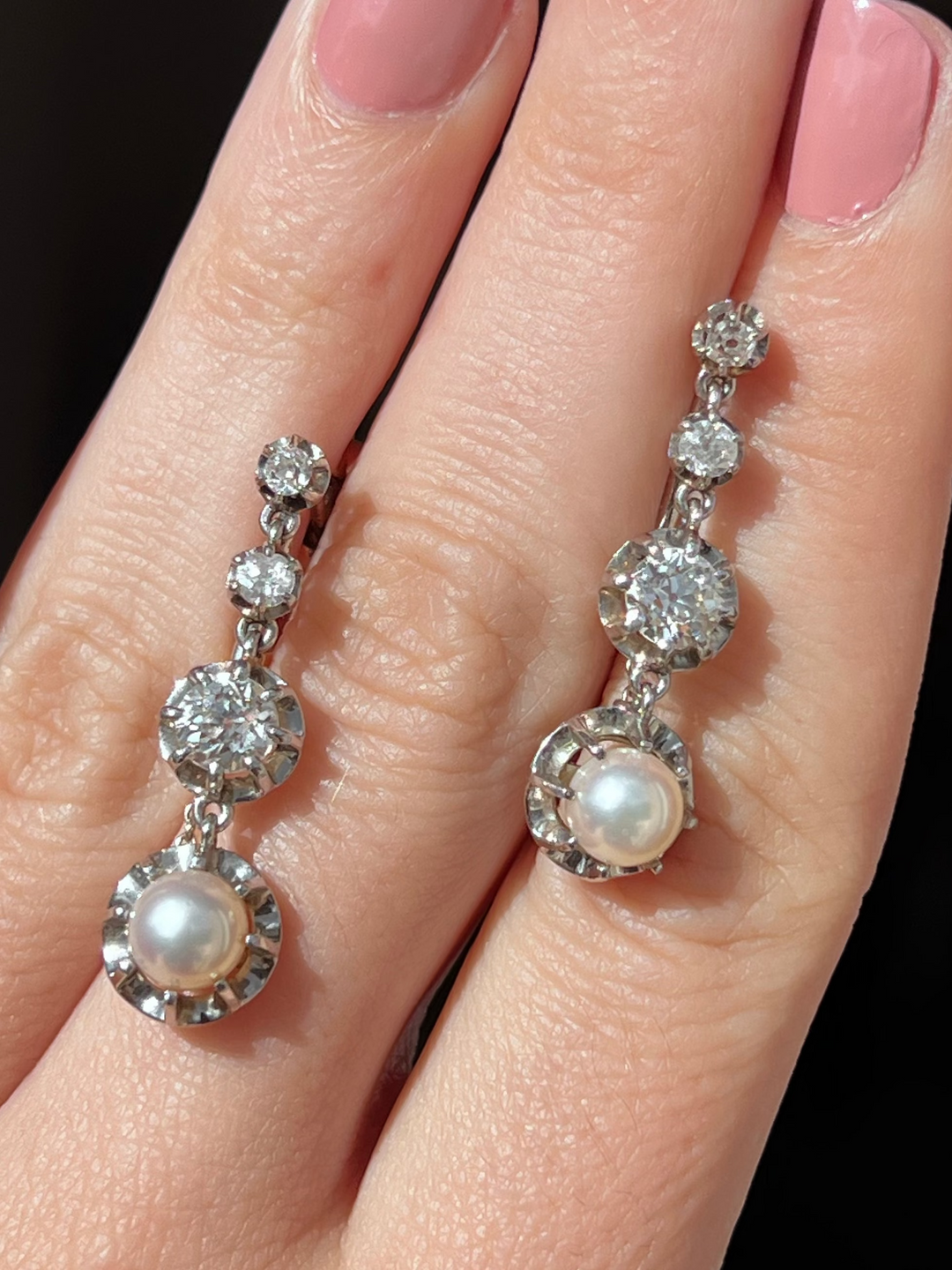 French Platinum & 18ct Gold Pearl & Diamond Drop Earrings | 1.5ctw OEC | c.1910