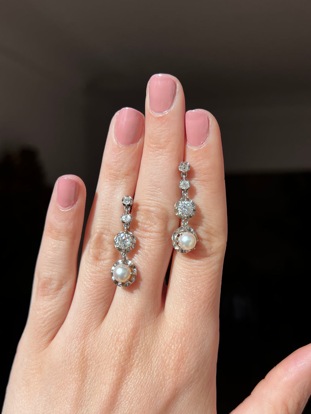 French Platinum & 18ct Gold Pearl & Diamond Drop Earrings | 1.5ctw OEC | c.1910