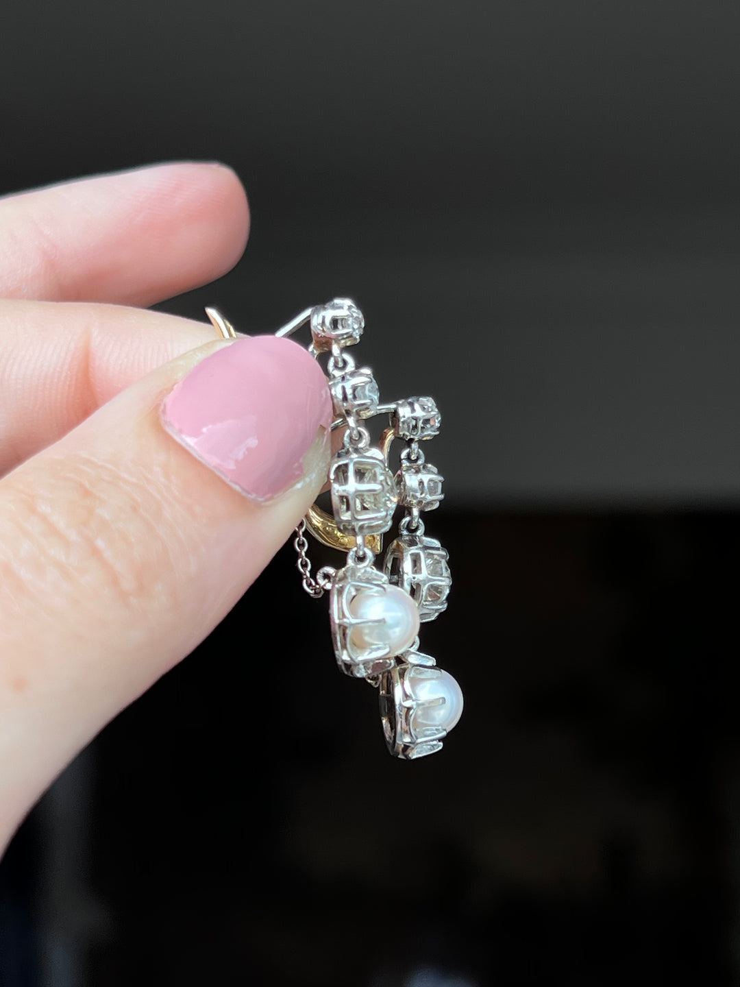 French Platinum & 18ct Gold Pearl & Diamond Drop Earrings | 1.5ctw OEC | c.1910