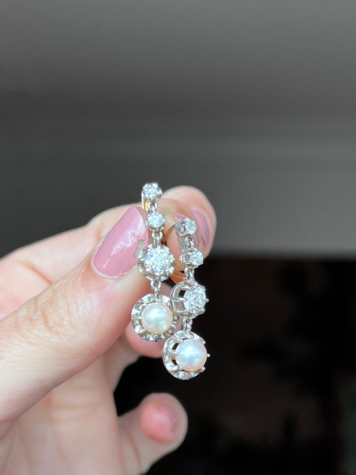 French Platinum & 18ct Gold Pearl & Diamond Drop Earrings | 1.5ctw OEC | c.1910