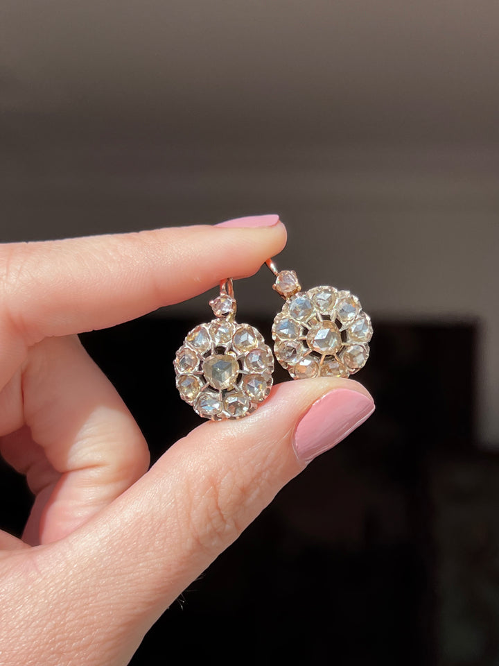 Rose Cut Diamond Daisy Earrings | 2.75ctw+ | 18ct Gold | Louis Philippe French c.1840-1850