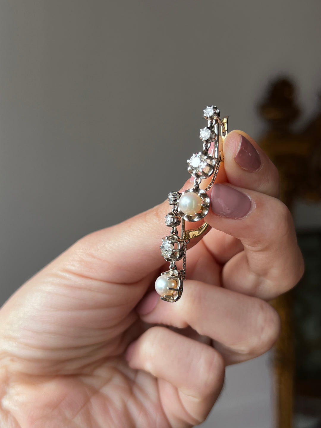 French Platinum & 18ct Gold Pearl & Diamond Drop Earrings | 1.5ctw OEC | c.1910