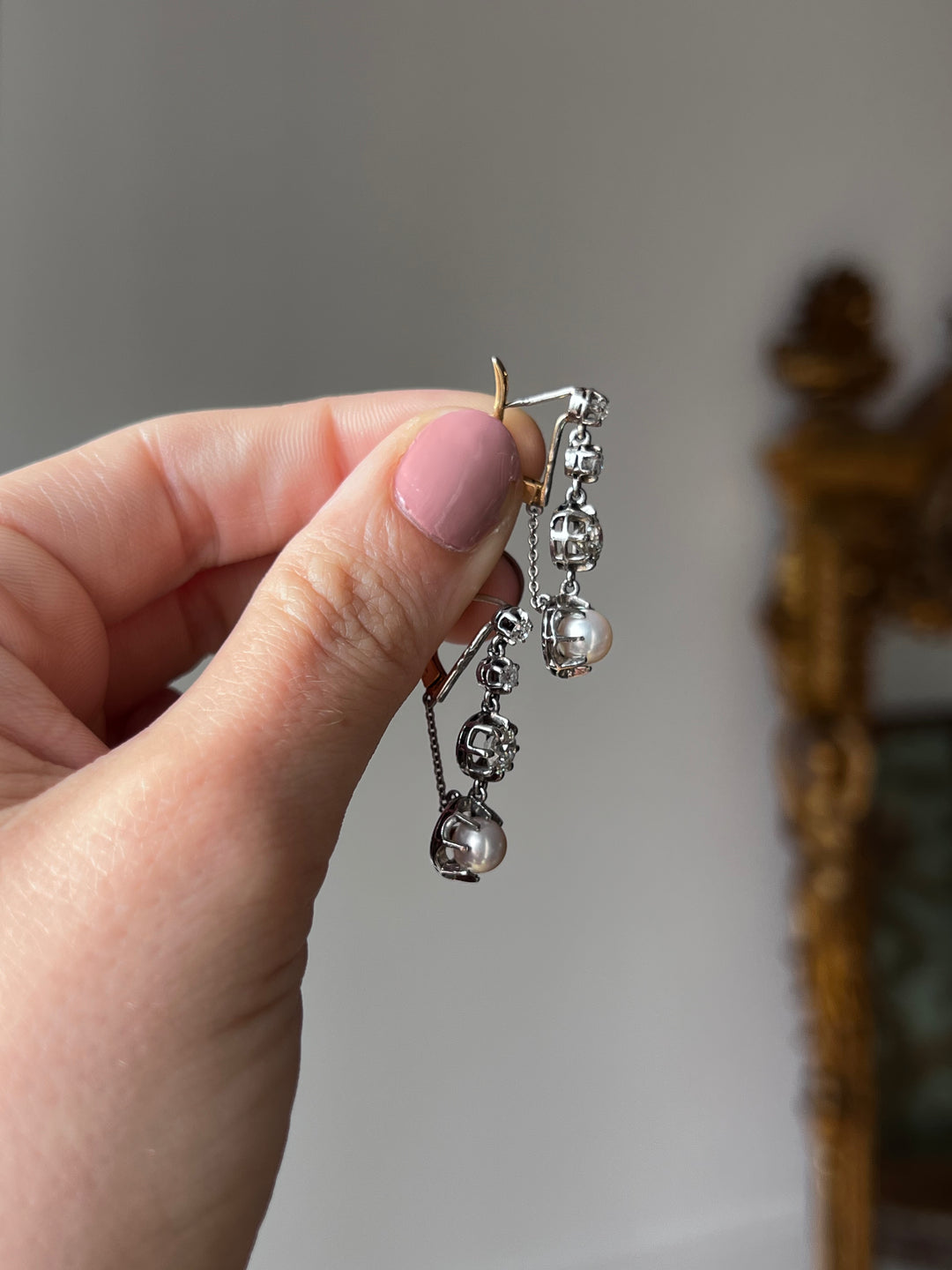 French Platinum & 18ct Gold Pearl & Diamond Drop Earrings | 1.5ctw OEC | c.1910