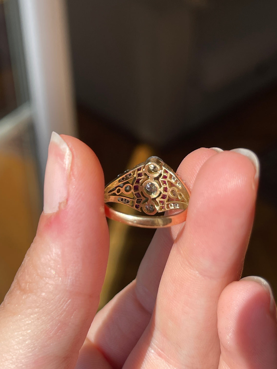 Natural Ruby & Diamond Triple OEC Ring | .44ctw Diamonds .30ctw Rubies | 18ct & Platinum | Belle Époque