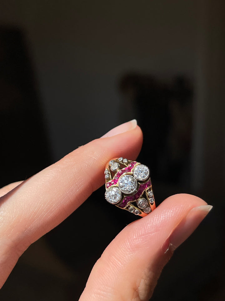 Natural Ruby & Diamond Triple OEC Ring | .44ctw Diamonds .30ctw Rubies | 18ct & Platinum | Belle Époque