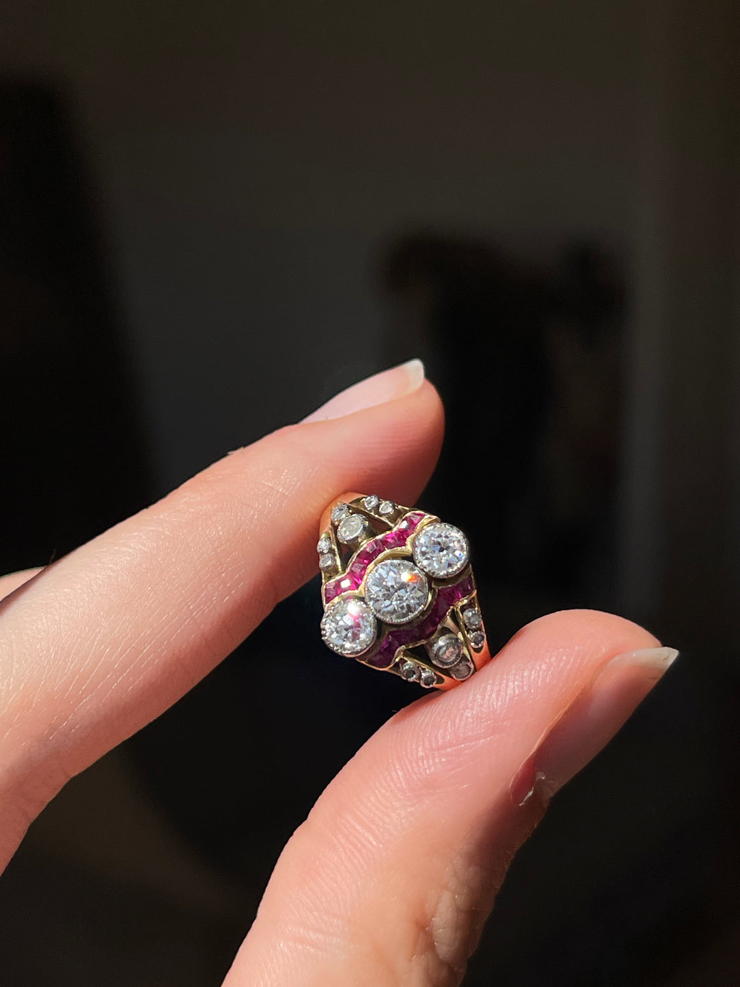 Natural Ruby & Diamond Triple OEC Ring | .44ctw Diamonds .30ctw Rubies | 18ct & Platinum | Belle Époque