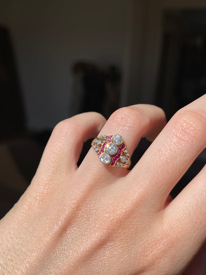 Natural Ruby & Diamond Triple OEC Ring | .44ctw Diamonds .30ctw Rubies | 18ct & Platinum | Belle Époque