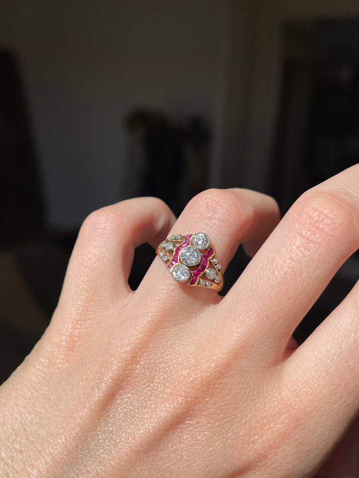 Natural Ruby & Diamond Triple OEC Ring | .44ctw Diamonds .30ctw Rubies | 18ct & Platinum | Belle Époque