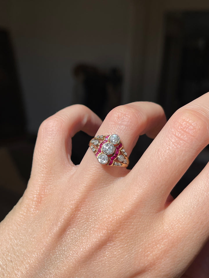 Natural Ruby & Diamond Triple OEC Ring | .44ctw Diamonds .30ctw Rubies | 18ct & Platinum | Belle Époque