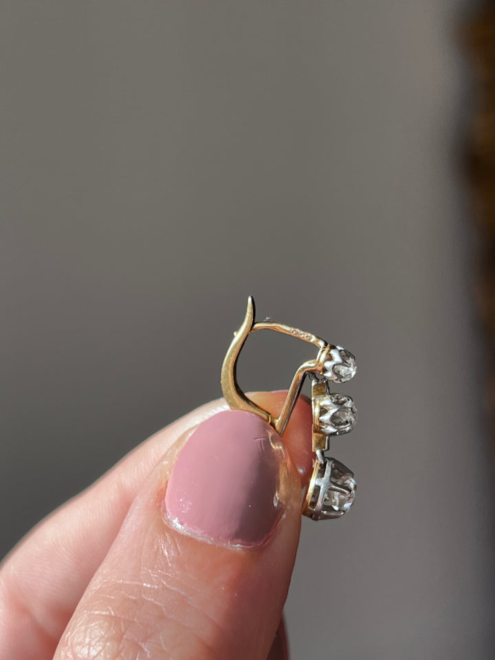 Belle Époque Platinum & 18ct Gold Triple Drop Earrings | 1ctw Old Mine Cut | French c.1890-1910