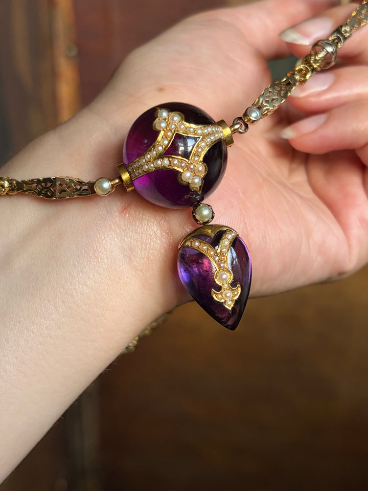 English Aestheticism 15ct Amethyst Orb & Heart Necklace | Est. 34ctw | Pearl Inlay | c.1870